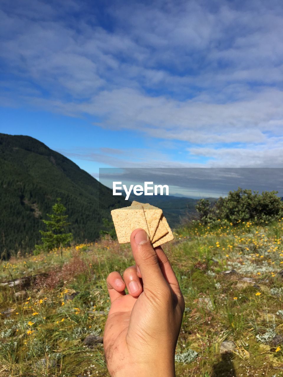 Close-up of hand holding crackers against sky