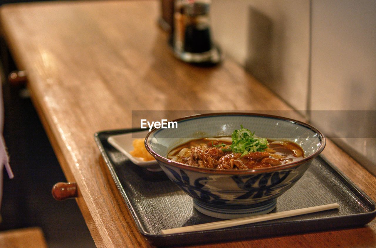 High angle view of soup in bowl on table