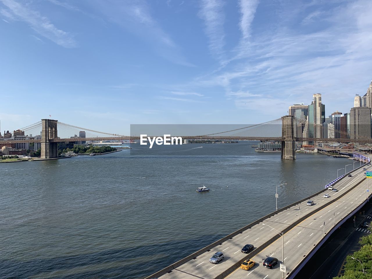 View of suspension bridge over river