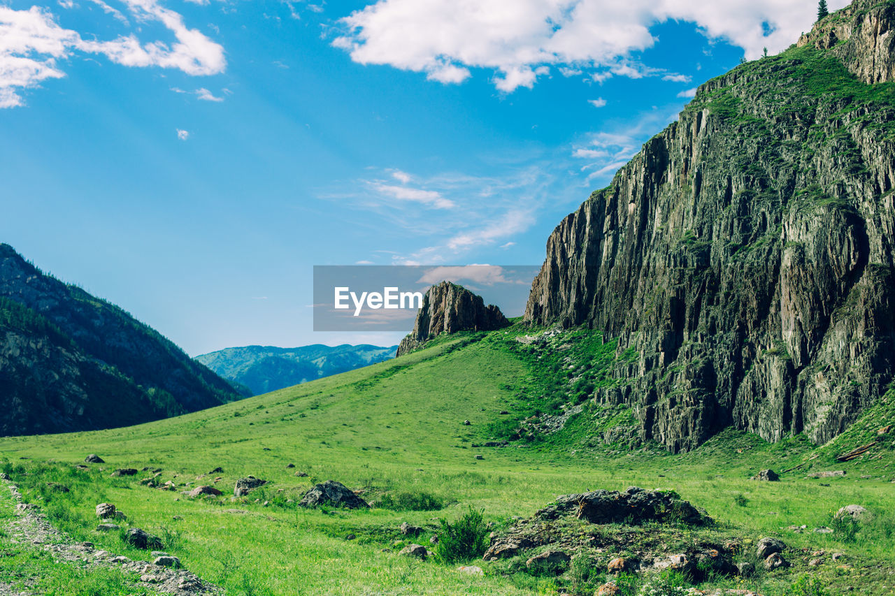 Scenic view of green landscape against sky