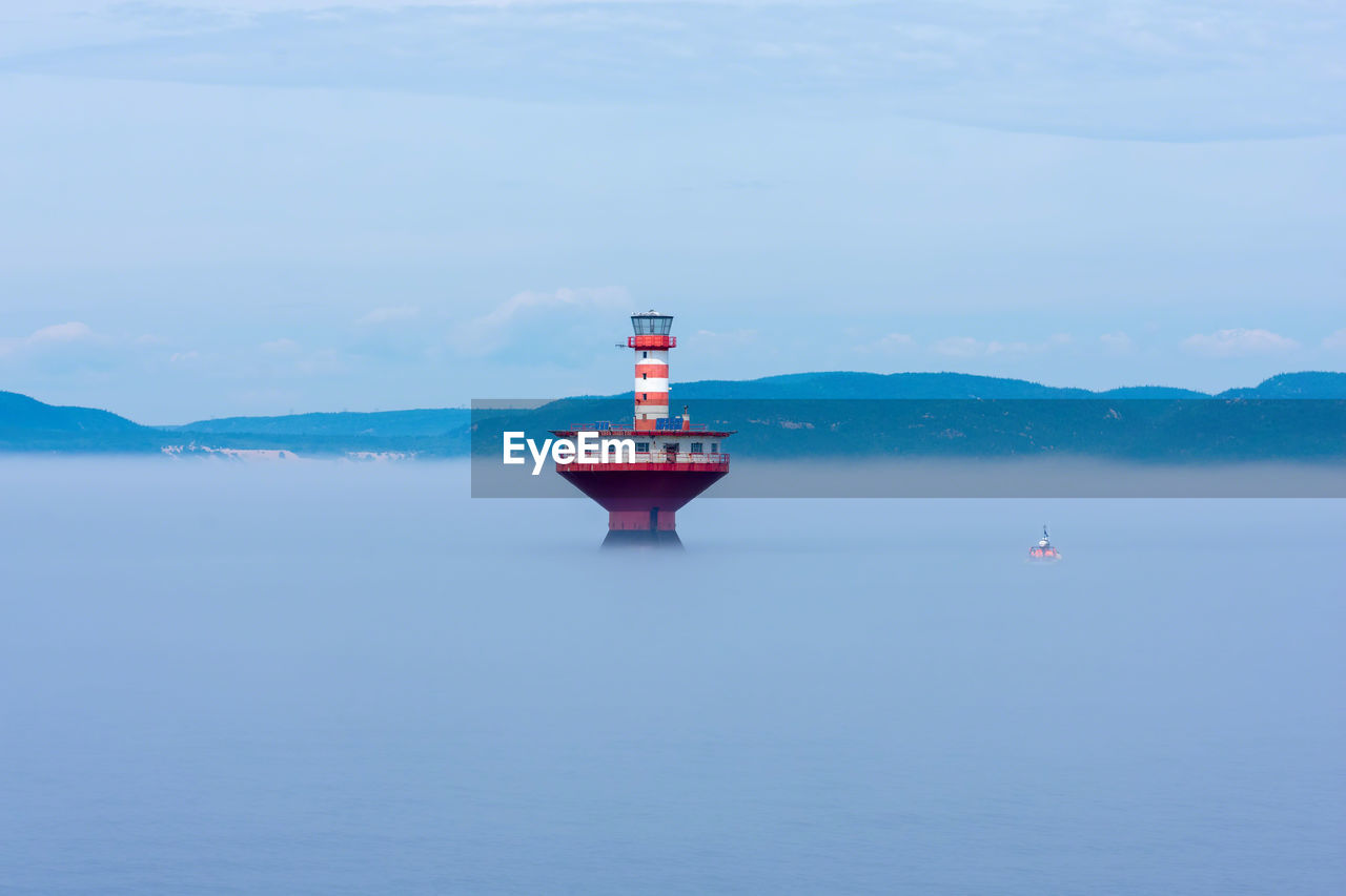 Lighthouse by sea against sky