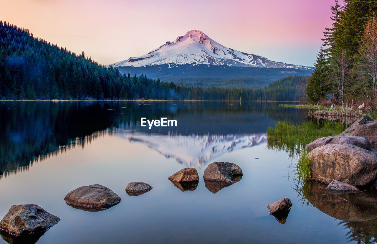 Scenic view of lake against sky during sunset