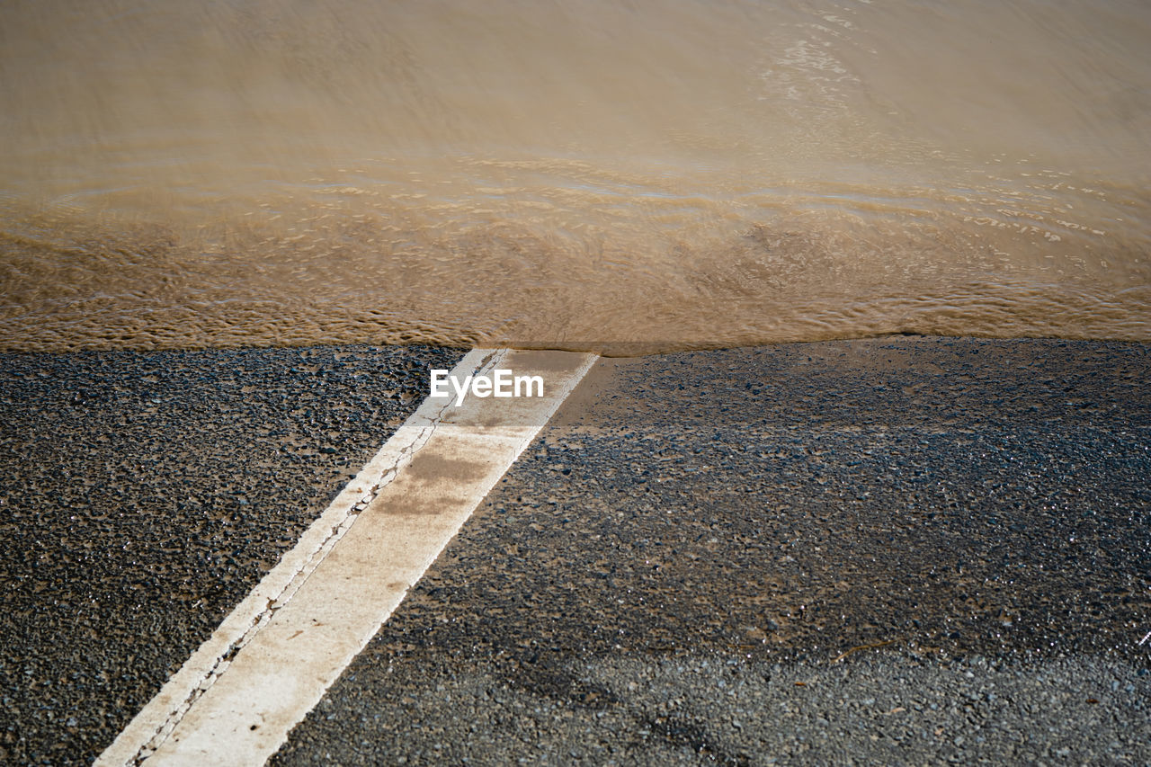 High angle view of road in floodwater due to heavy rains caused by hagibis on october 14, 2019.