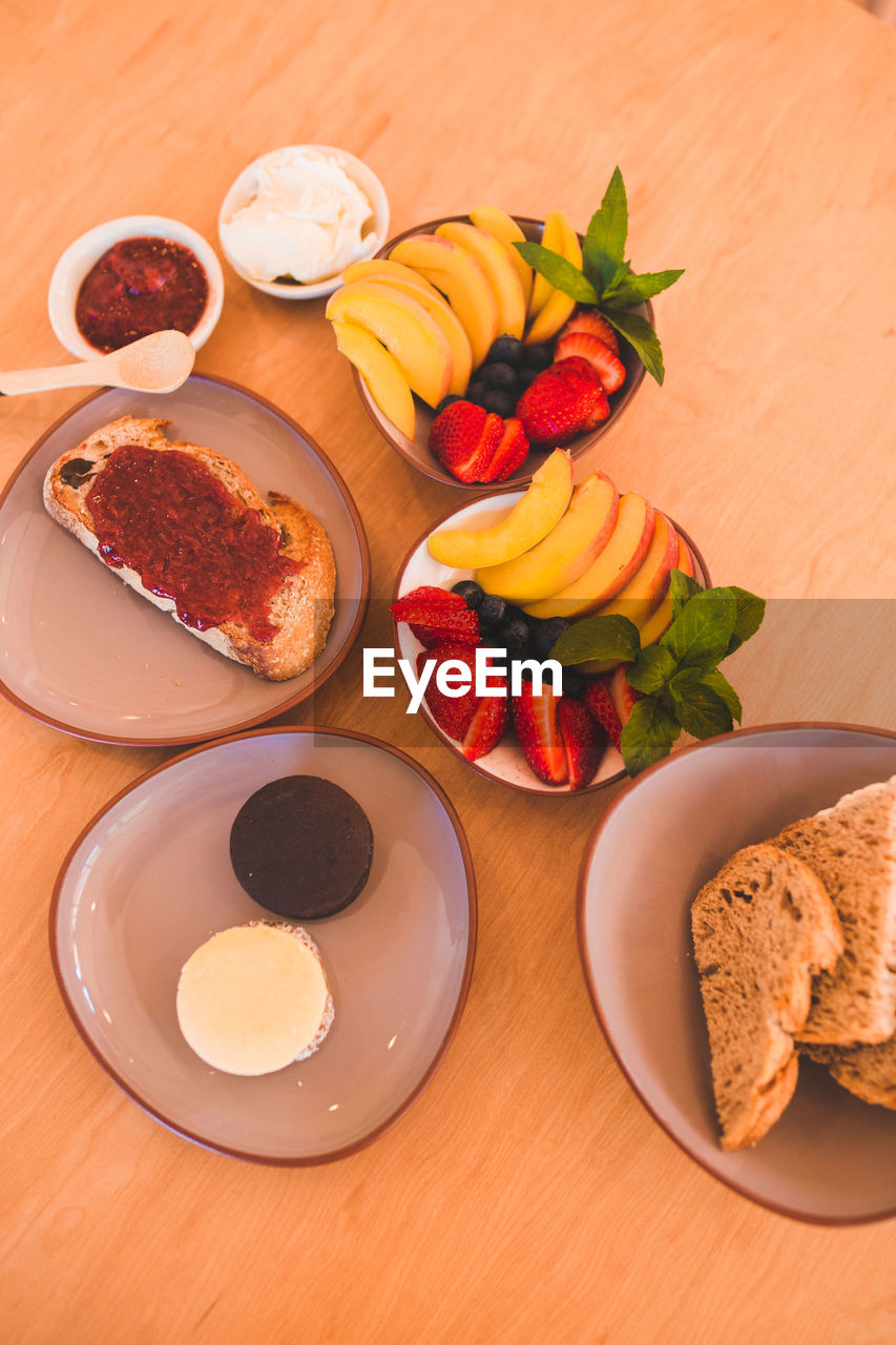 high angle view of food served on table