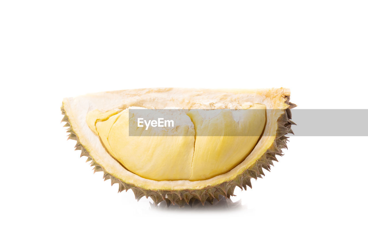 food and drink, food, produce, fruit, durian, cut out, white background, healthy eating, freshness, studio shot, wellbeing, plant, indoors, no people, single object, close-up, slice, tropical fruit, raw food