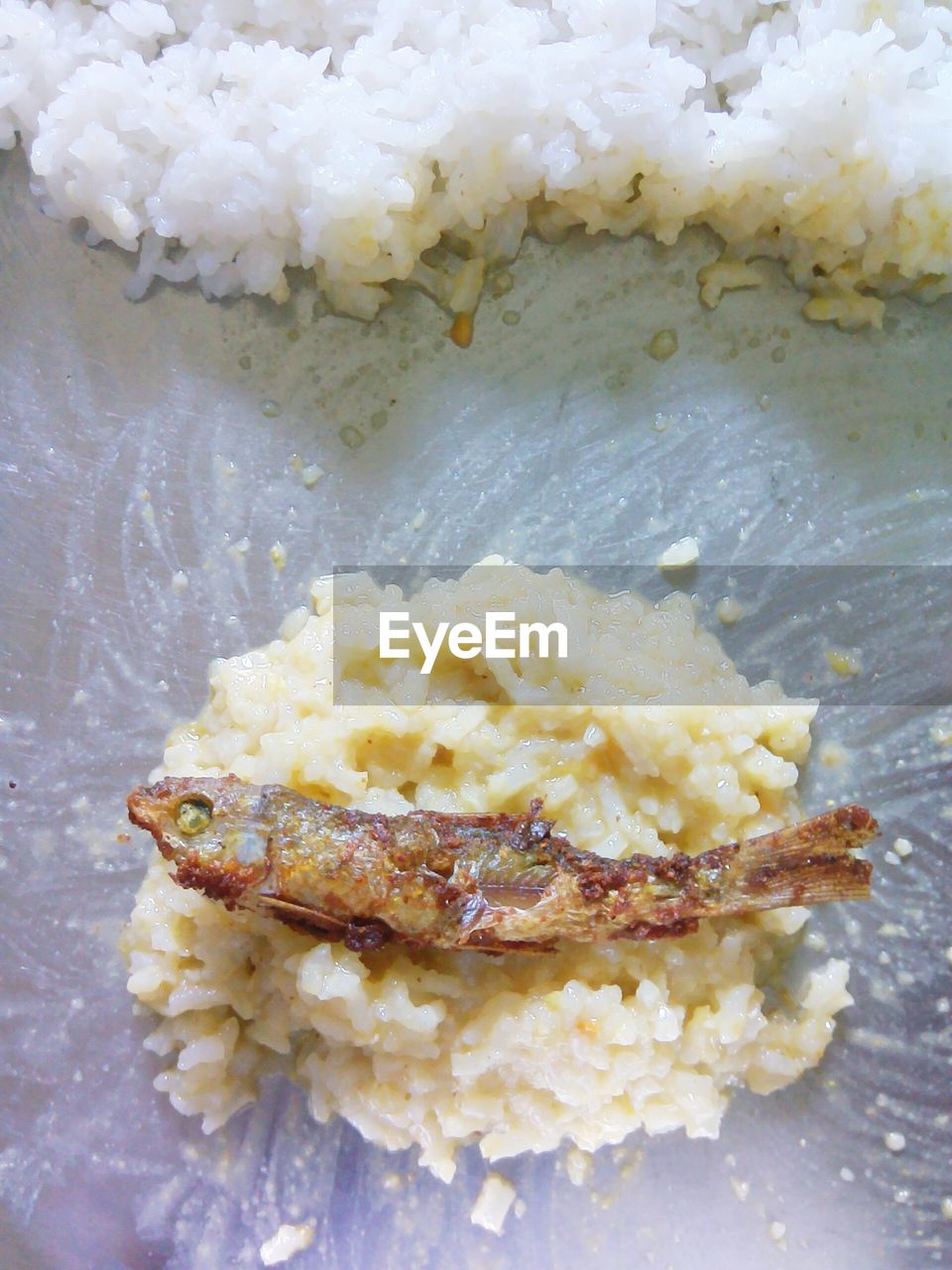 High angle view of fried fish with rice on plate