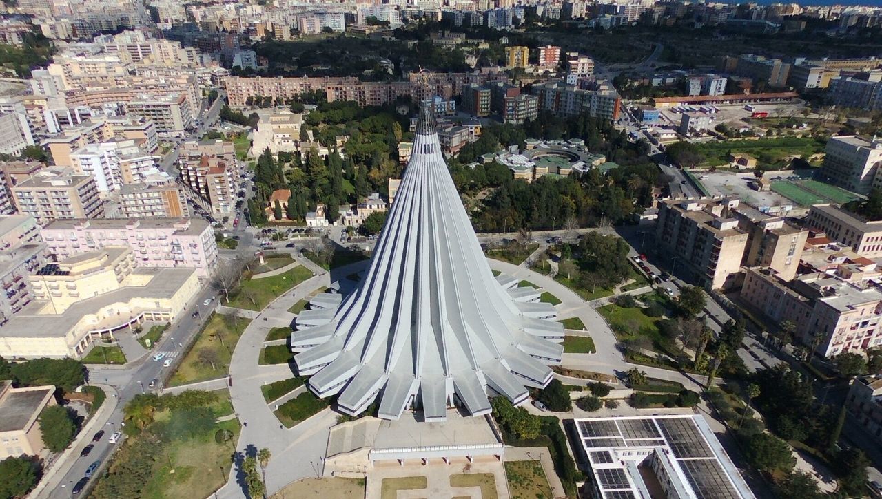 High angle view of city buildings