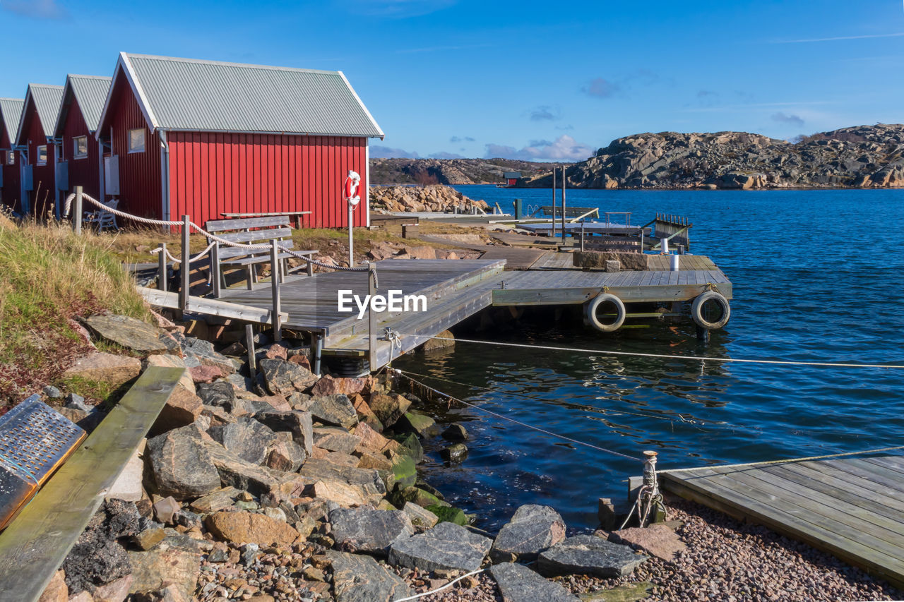 BUILT STRUCTURE ON ROCKS BY SEA AGAINST SKY