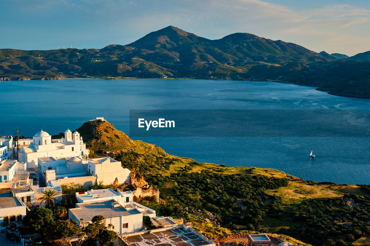 View of plaka village on milos island on sunset in greece