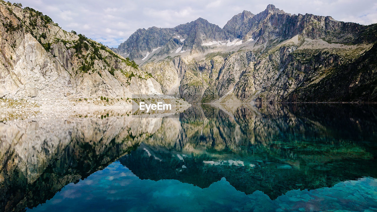 Scenic view of lake and mountains against sky