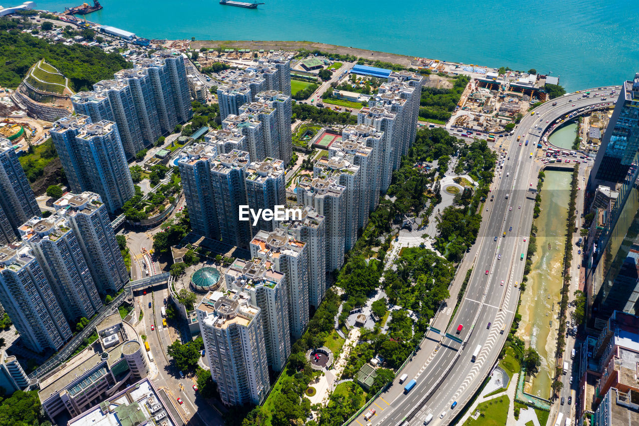 High angle view of modern buildings in city