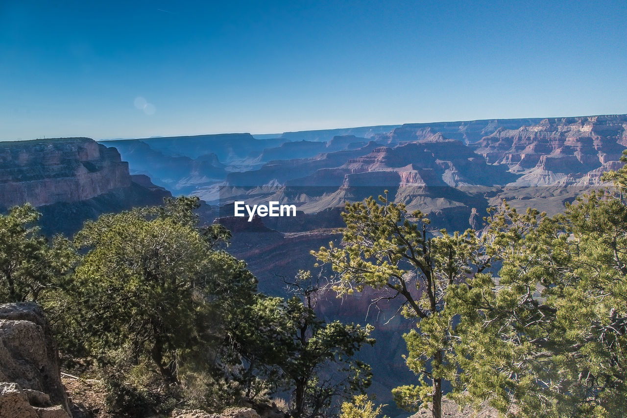 SCENIC VIEW OF TREES AND MOUNTAINS AGAINST CLEAR BLUE SKY