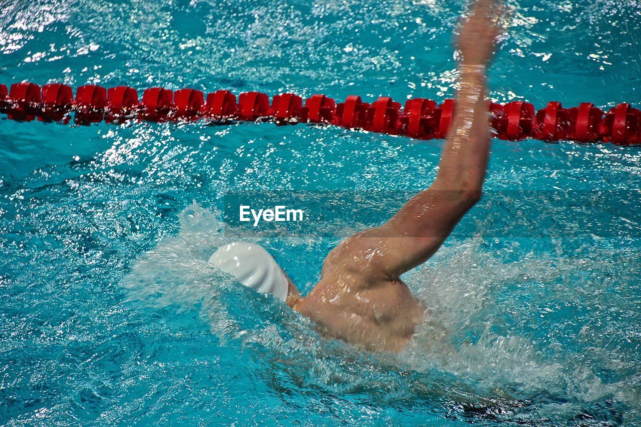 Cropped image of male athlete swimming in pool
