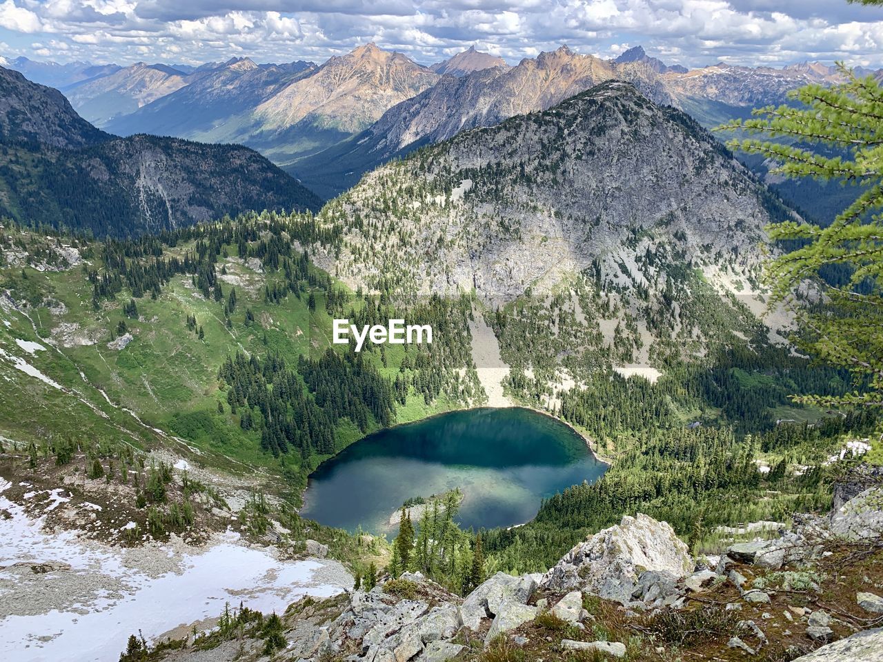 Scenic view of lake and mountains against sky