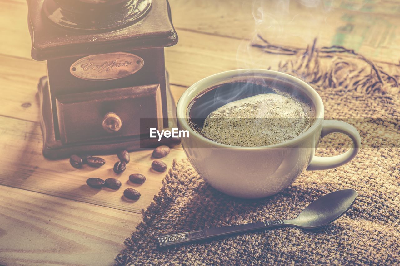 High angle view of coffee on table