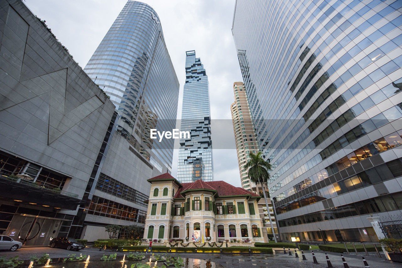 low angle view of modern buildings in city