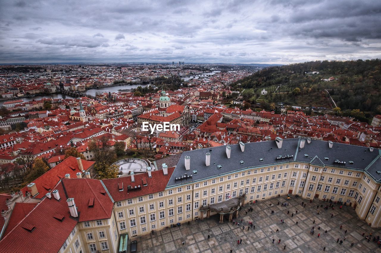 High angle view of town against sky