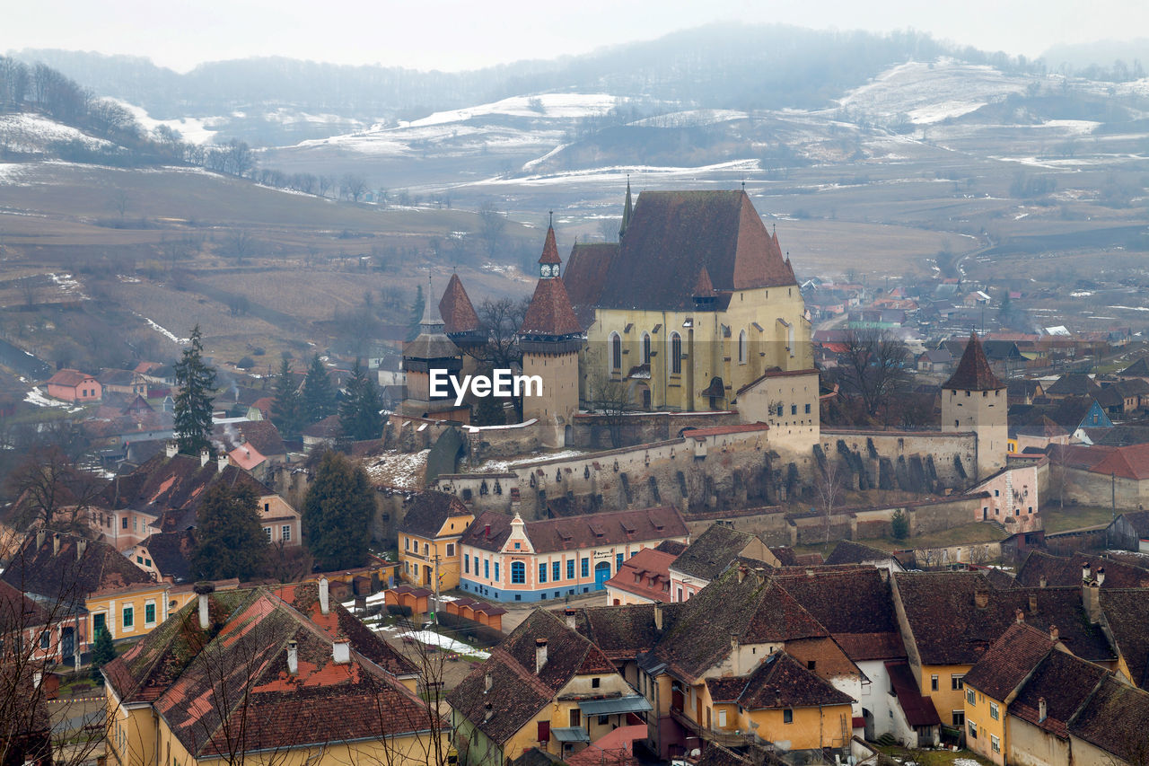 High angle view of town against sky