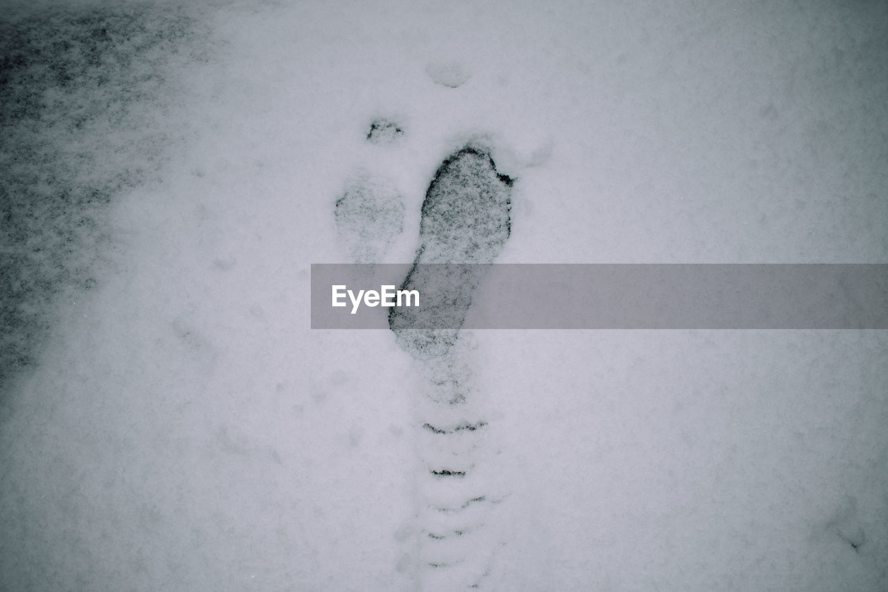 Directly above shot of footprint on snow covered field