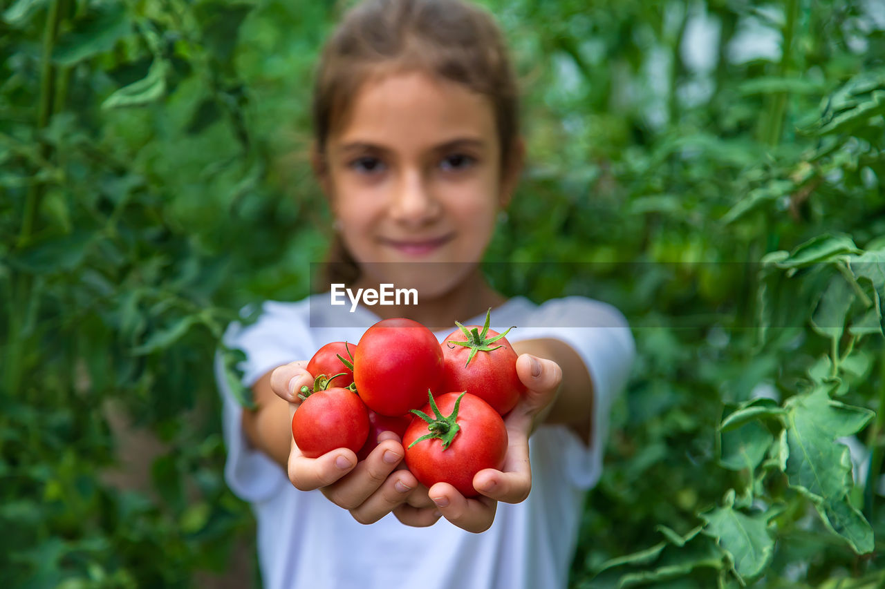 portrait of smiling boy holding heart shape on plant