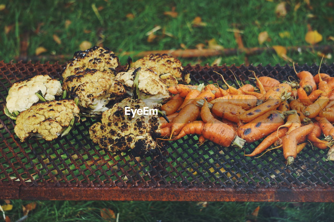 High angle view of smoked vegetables