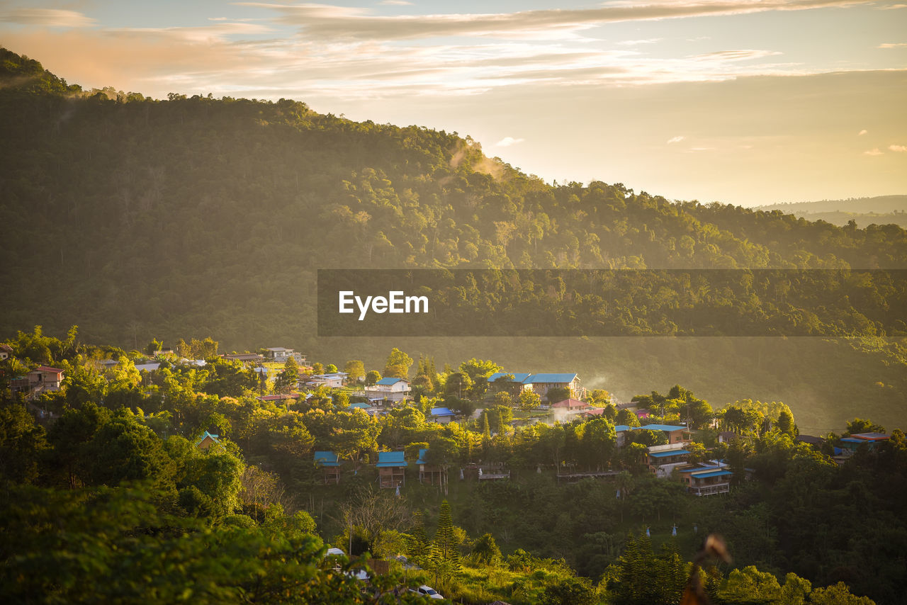 High angle view of townscape against sky during sunset