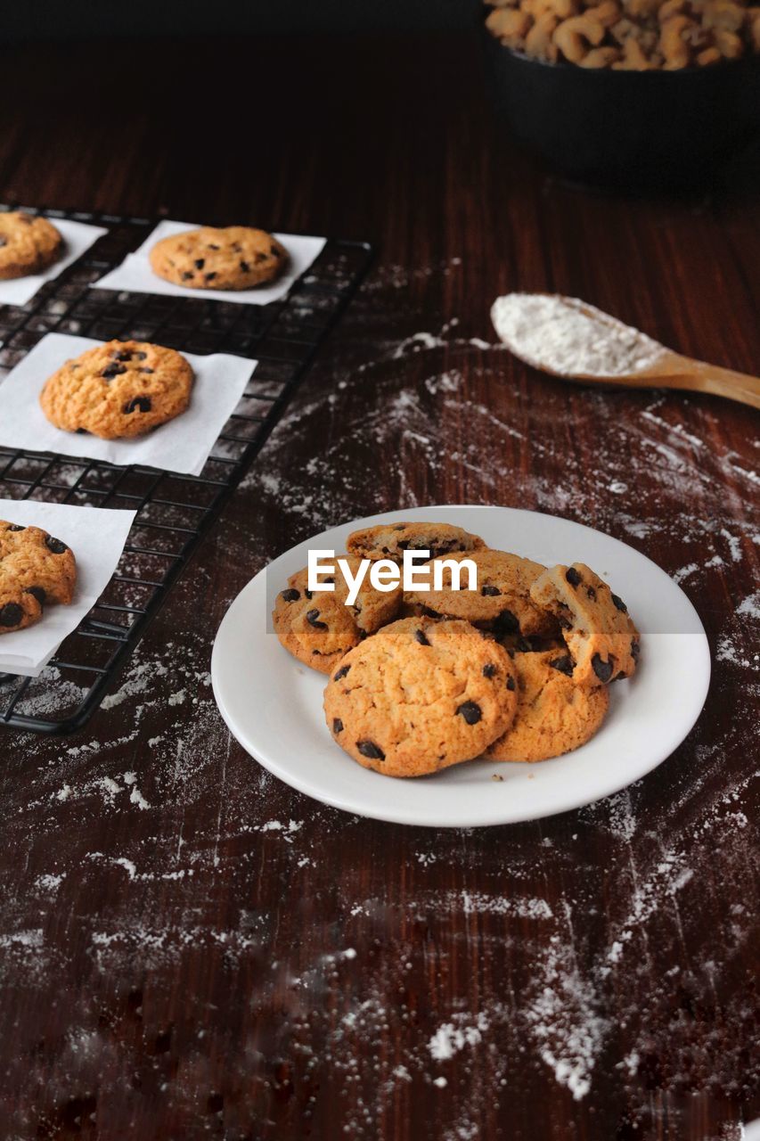 High angle view of cookies in plate on table