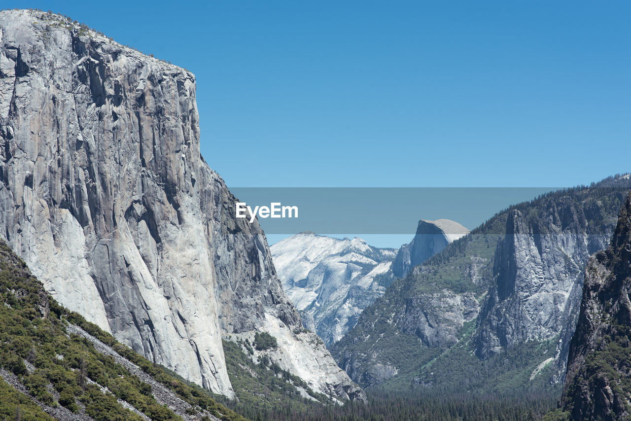 Panoramic view of snowcapped mountains against clear blue sky