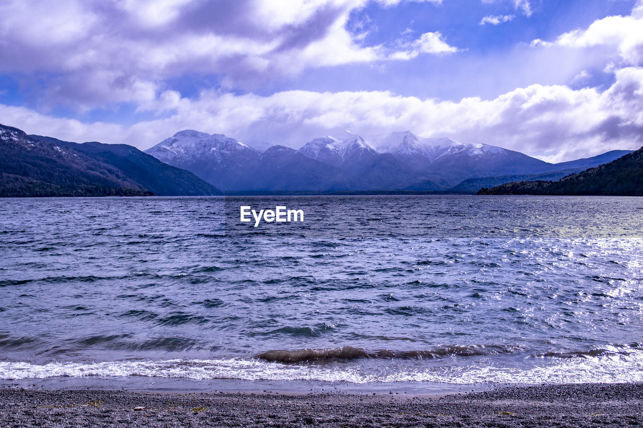 Scenic view of lake and mountains against sky