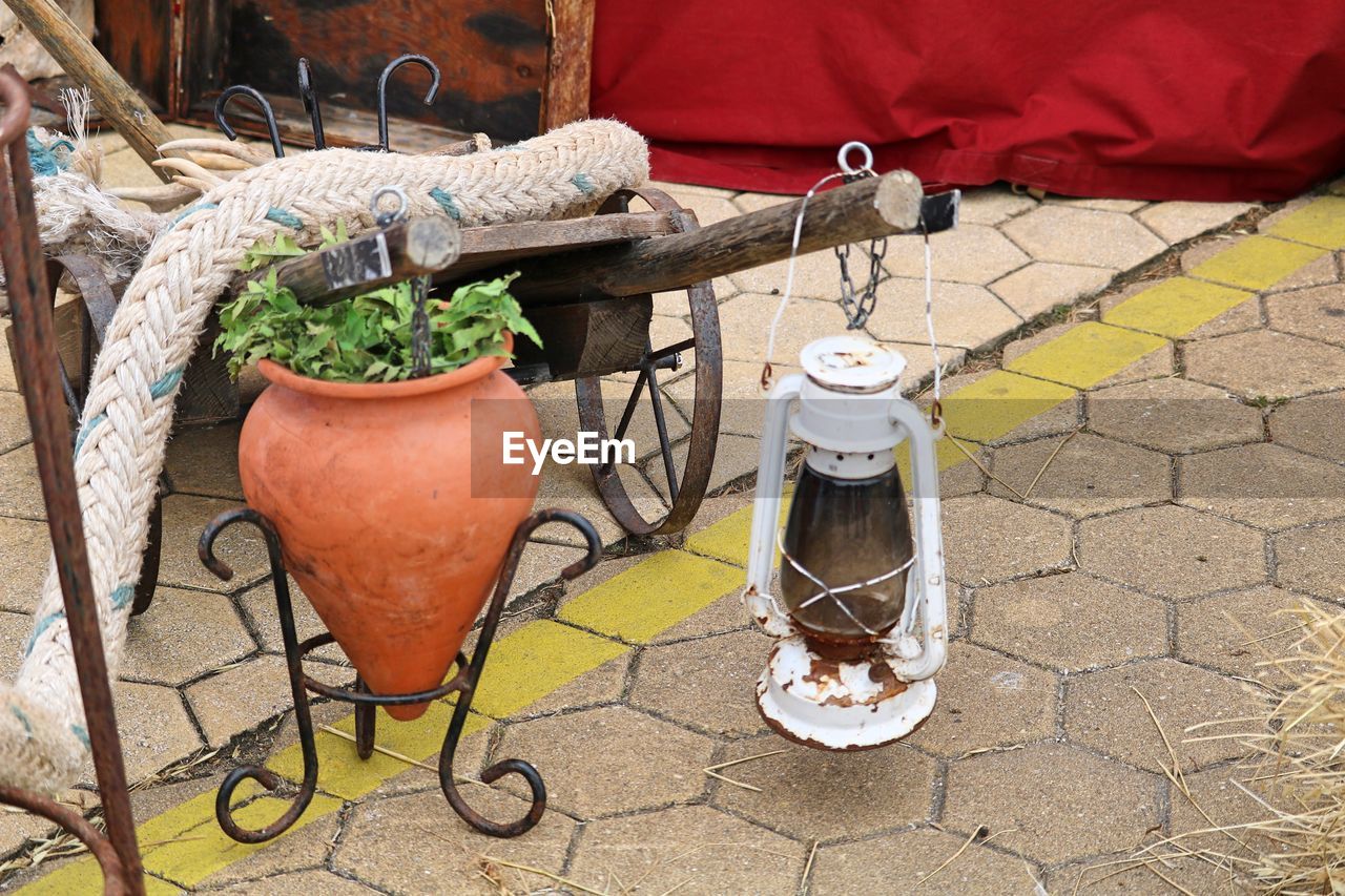 HIGH ANGLE VIEW OF POTTED PLANTS ON FOOTPATH