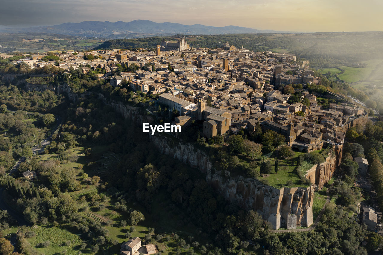 Oblique aerial view at sunset of the town of orvieto