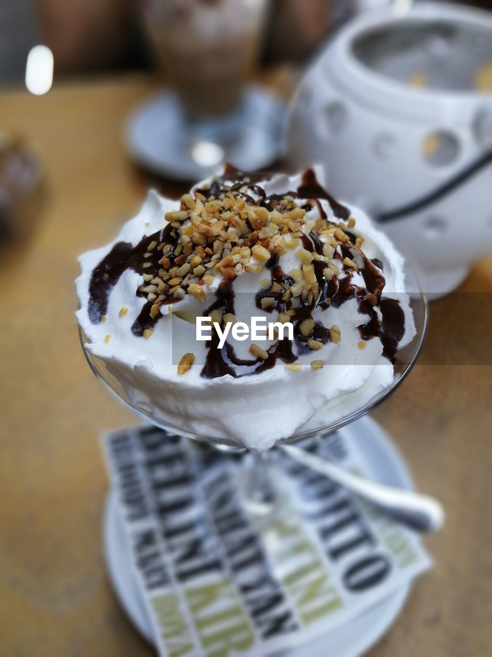 High angle view of ice cream on table