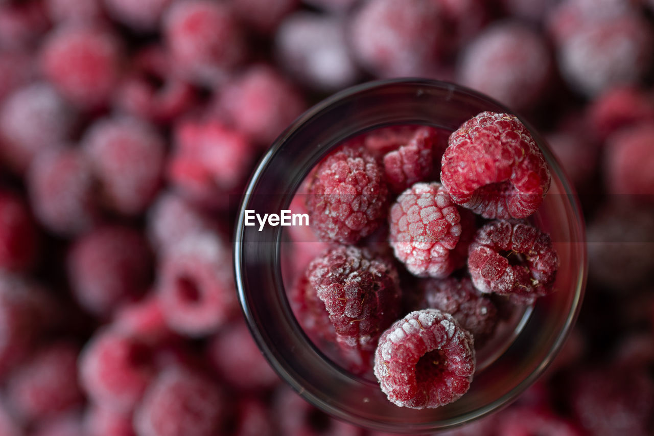 Frozen raspberries, top view