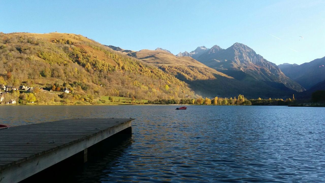 Scenic view of lake and mountains against clear blue sky