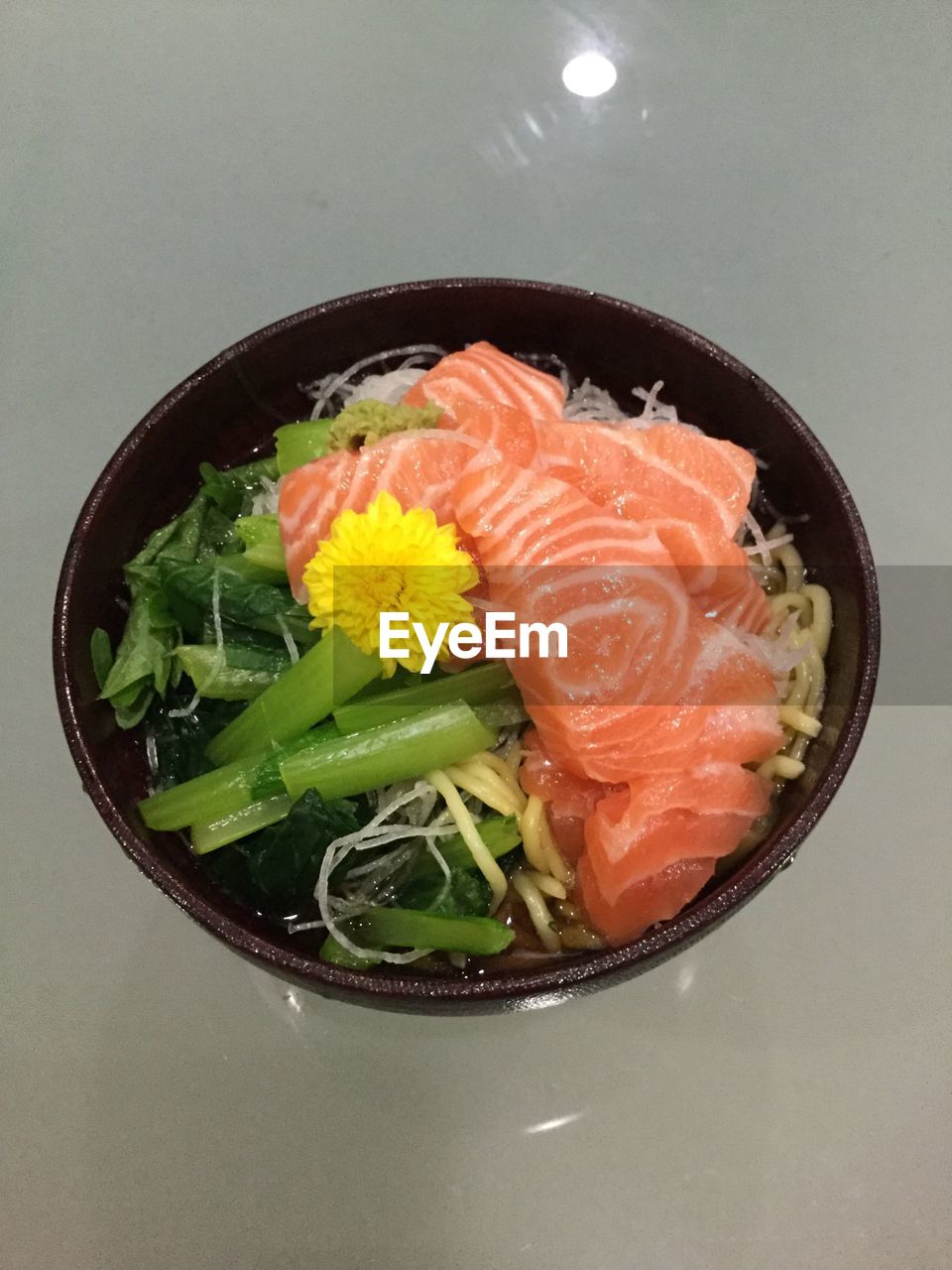 High angle view of sashimi served in bowl