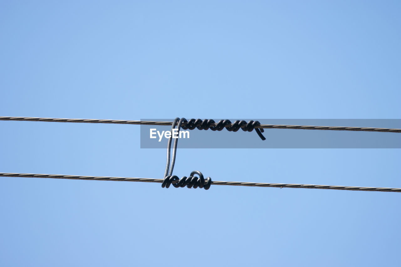 sky, cable, clear sky, blue, electricity, line, power line, no people, wire, animal, outdoor structure, nature, animal themes, power supply, telephone line, technology, copy space, communication, fence, day, low angle view, group of animals, outdoors, animal wildlife, metal, sunny, home fencing, wildlife, power generation, bird, perching, mast, sign, hanging, wire fencing