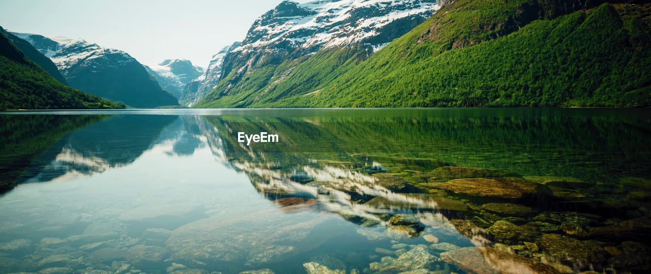 Scenic view of lake by mountains