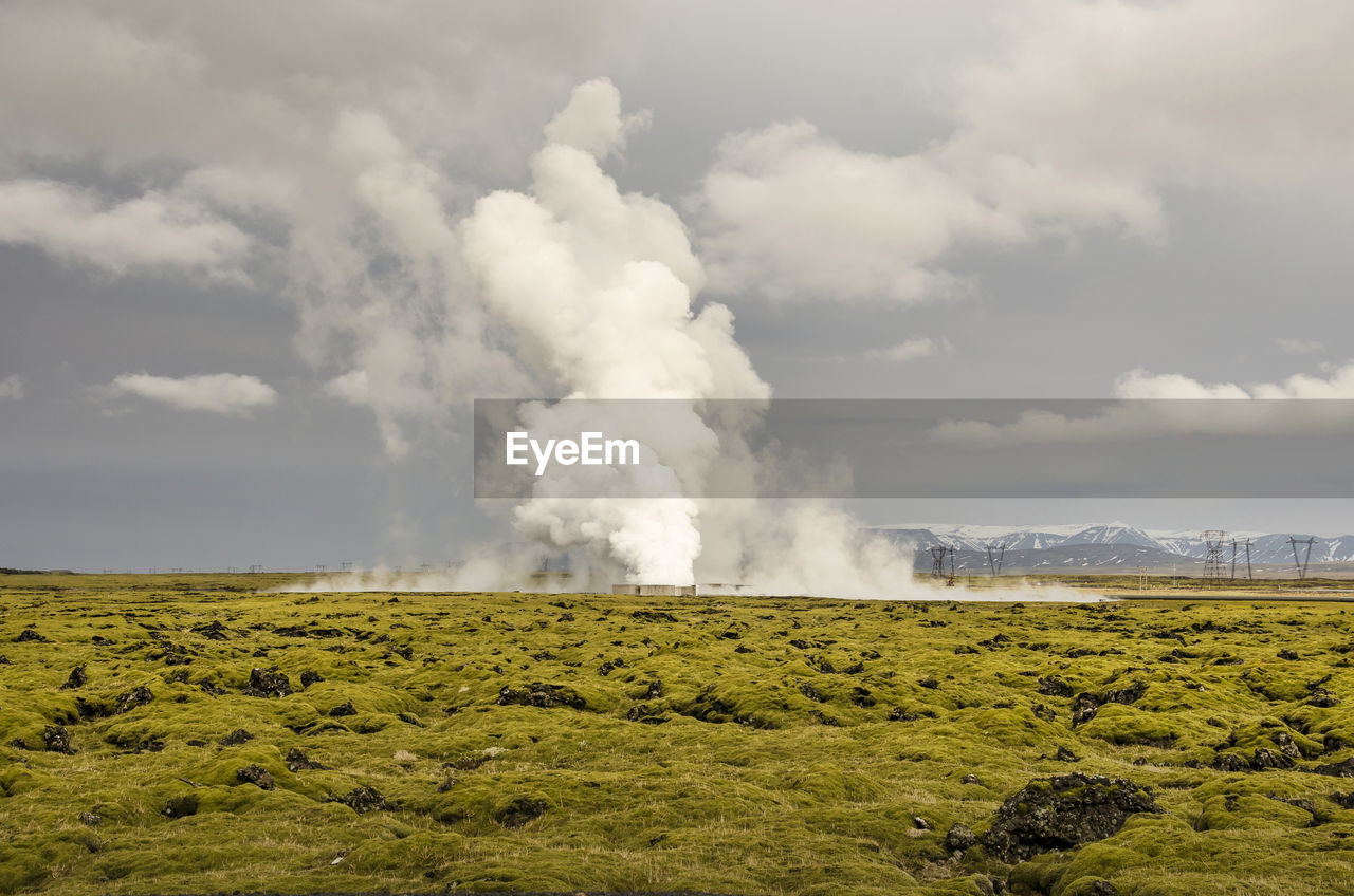 Steam coming out of the ground in a mossy landscape near the hellisheiði geothermal power plant