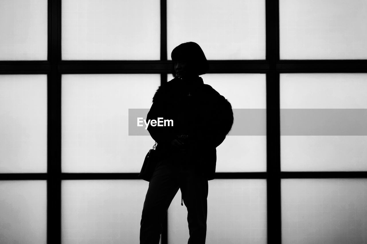 Rear view of silhouette woman standing against window