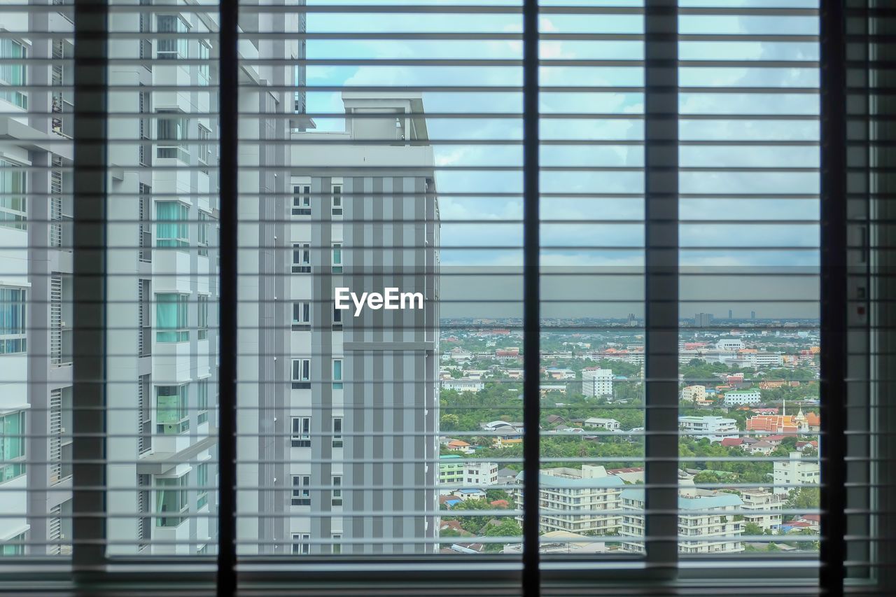 Cityscape seen through window