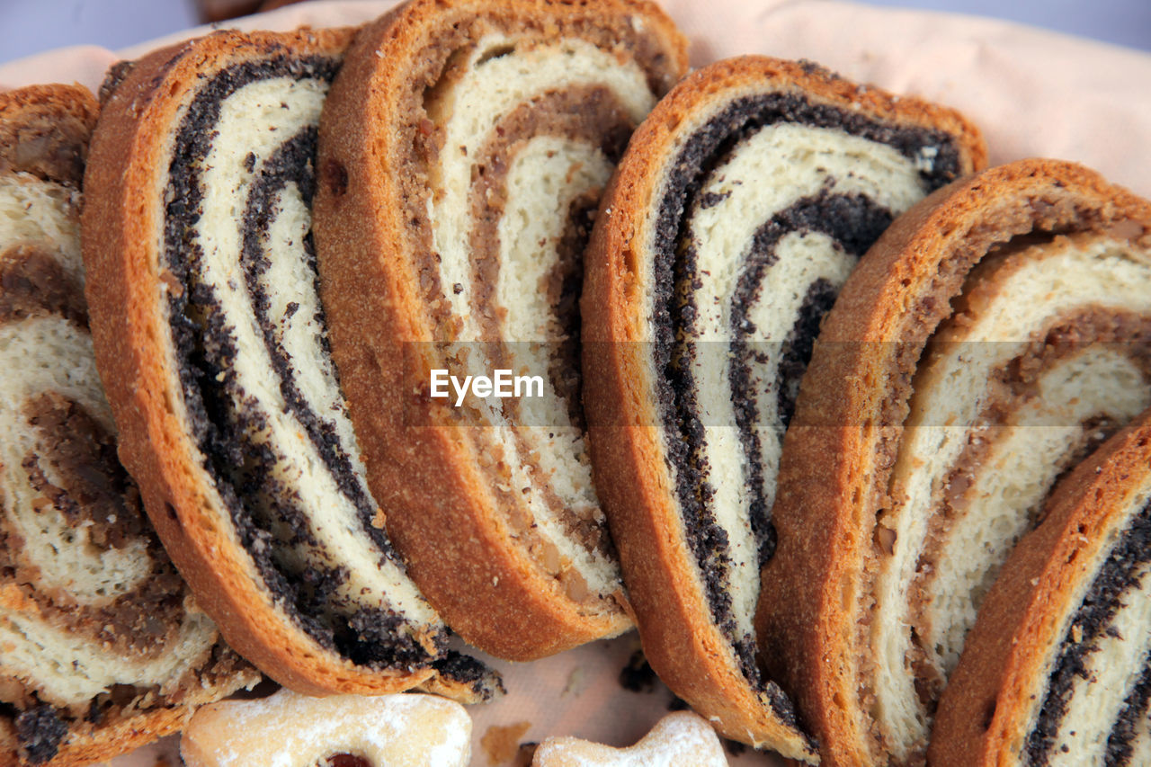 High angle view of poppy seed and walnut rolls