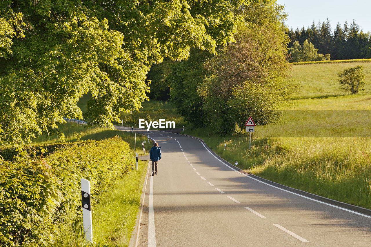 REAR VIEW OF MAN WALKING ON ROAD AMIDST TREES