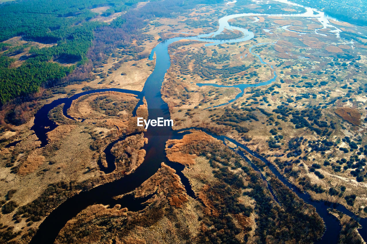 Aerial drone view of river in valley. natural landscape