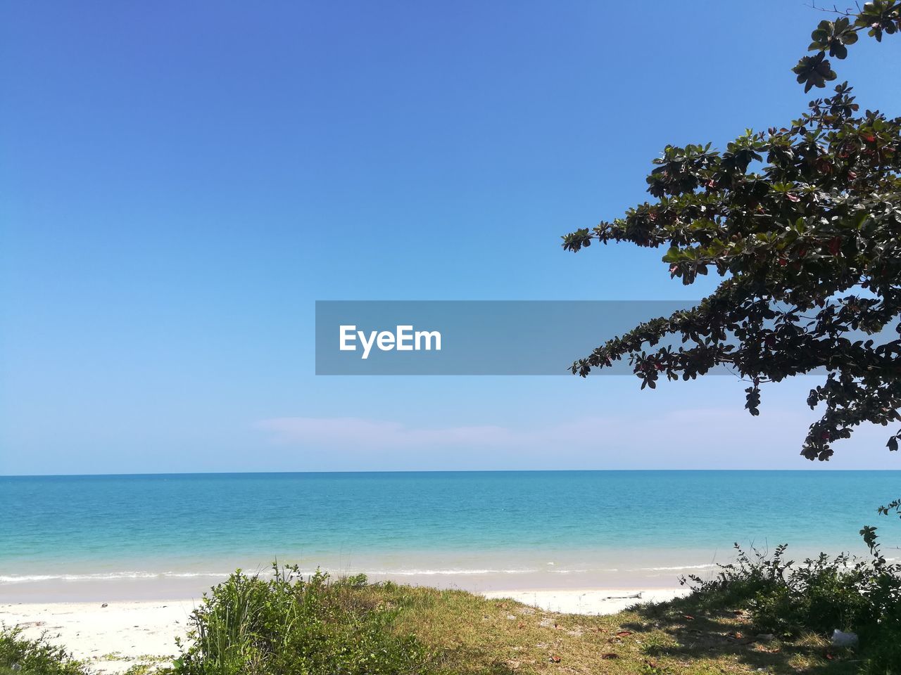 Scenic view of sea against clear blue sky