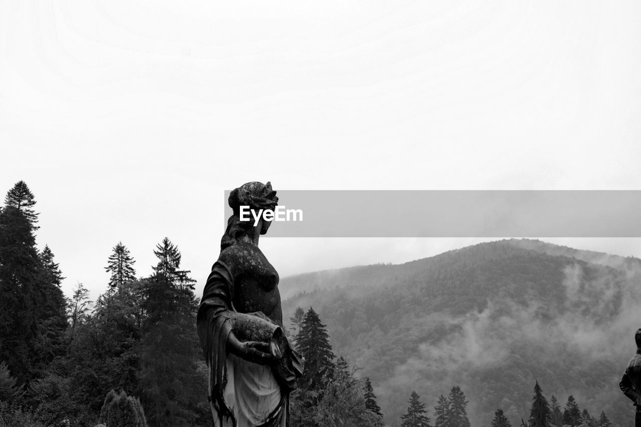 LOW ANGLE VIEW OF STATUE AGAINST MOUNTAIN