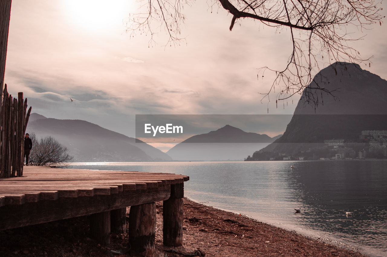 Scenic view of lake and mountains against sky