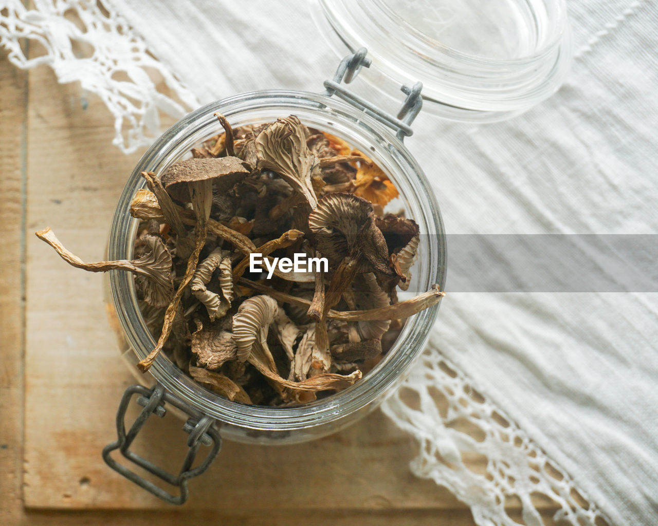 High angle view of dried mushrooms on table