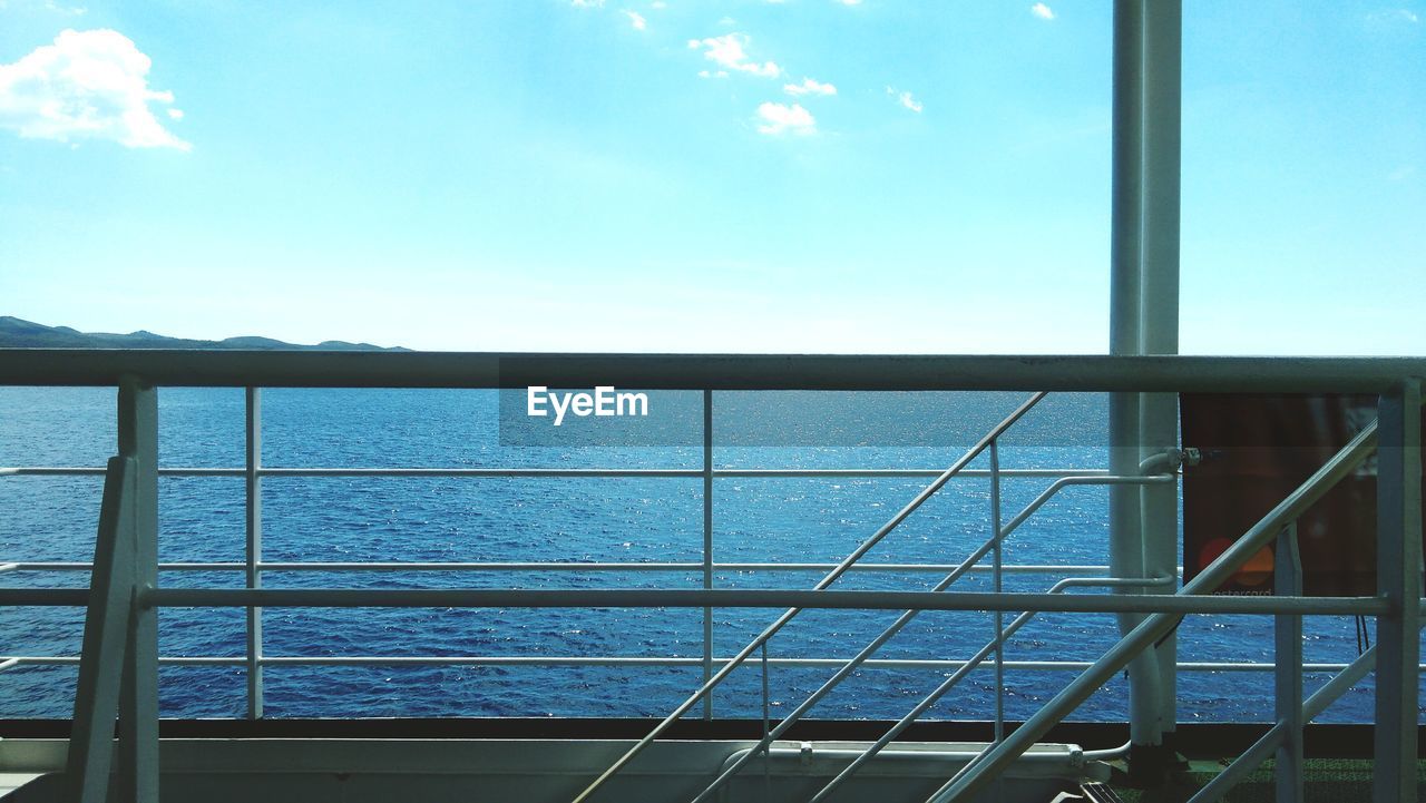 Scenic view of sea against blue sky seen through window