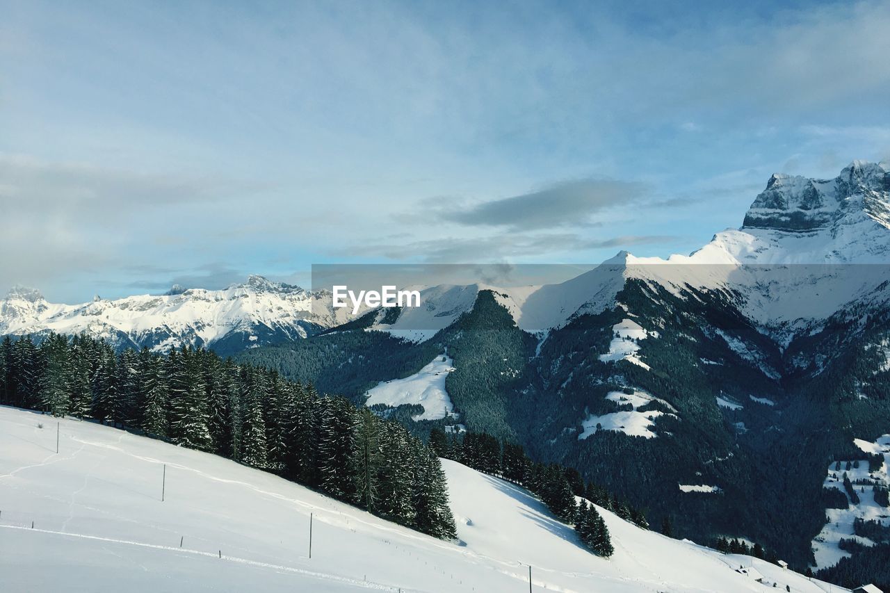 Snow covered landscape against sky