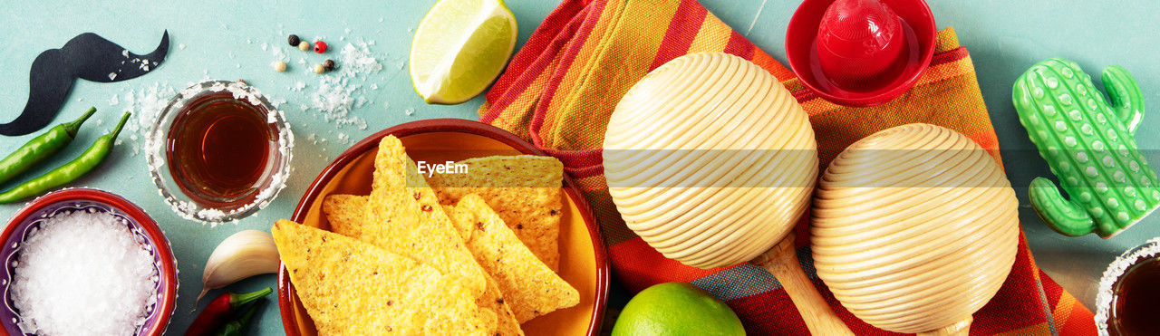 high angle view of various food on table